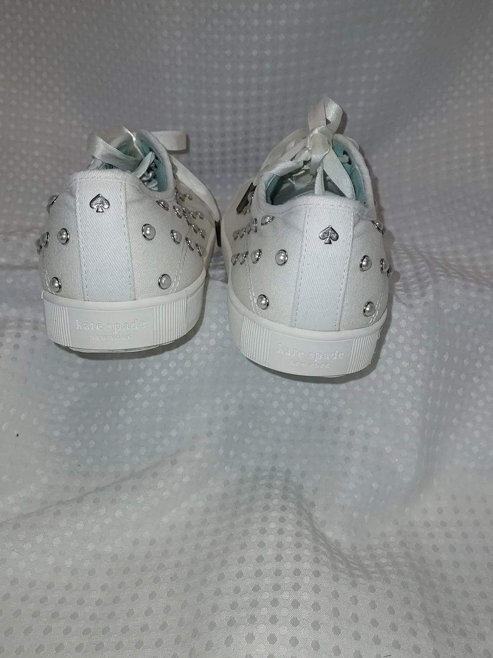 kate spade White Satin Lace-Up Sneakers with Silver Studs
